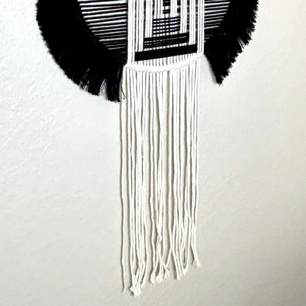Woven Cotton Black Beige Boho Contemporary Geometric Tasseled Wall Hanging New